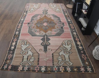 200x300 Großer Vintage Kelim Teppich in Pastell Rosa | Handgewebtes anatolisches Flachgewebe