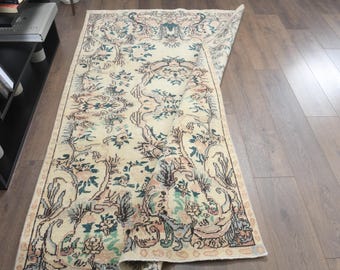 4'2x7'2 ft, VINTAGE TURKISH RUG, Oushak Rug, Wool Rug, Beige Pink Green, 4x7 Home Decor Rug, Living Room Rug, Kitchen Rug, Boho Chic Rug