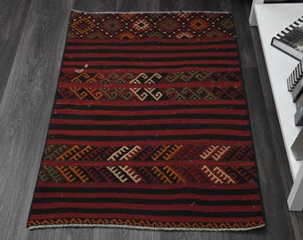 Alfombra arcoíris roja de 2'4x3'6 pies, alfombra turca pequeña, alfombra vintage, alfombra de lana Oushak, alfombra hecha a mano, decoración con motivo de rayas, mini decoración, alfombra pequeña,