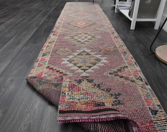 2'6x12'3 ft, PURPLE OUSHAK RUNNER, Home Decor, Stair Runner Decor, 3x12 Turkish Wool Rug, Kitchen, Hallway Rug, Geometric Motif, Washable