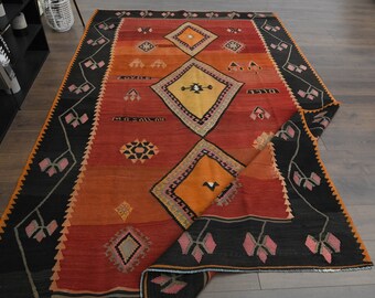 6.3x10.3 ft, RED TURKISH RUG, Colorful Rug, Flatweave Kilim Rug, Wool Turkish Kilim Rug, Handmade Antique Rug, Star Rug, Vintage Kilim Rug