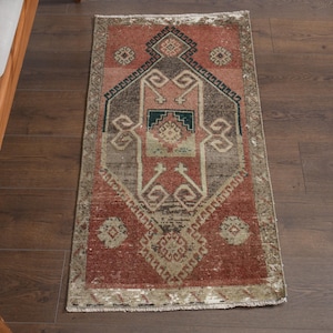 1'8x3'6 ft, ORANGE BROWN RUG, Small Turkish Rug, Vintage Rug, Oushak Wool Rug, Handmade Rug, Geometric Motif Decor, Mini Decor, Small Rug,