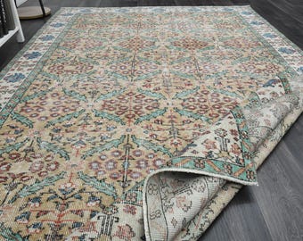 6&#39;1x9&#39;7 ft, ORANGE FLORAL RUG, Large Vintage Oushak Rug, Boho Rug, 6x10 Area Rug, Living Room Rug, Wool Rug, Large Rug, Luxury Rug, Planted