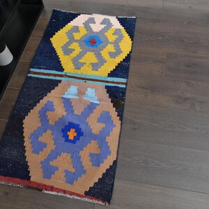 Puede incluir: Una alfombra colorida con un patrón geométrico en tonos de azul, amarillo, naranja y marrón. La alfombra tiene un diseño tradicional con detalles intrincados.