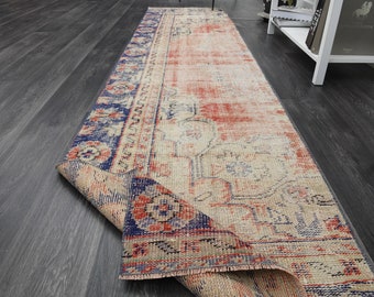 2'6x10'9 ft, DISTRESSED RUNNER RUG, Handmade Runner, Oushak Runner, Turkish Runner Rug, Vintage Runner, Orange Beige Blue, Home Decor, 3x11