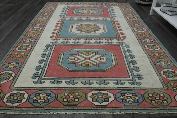 4'7x6'9フィート、ベージュピンクブルー、春の装飾ラグ、ヴィンテージ