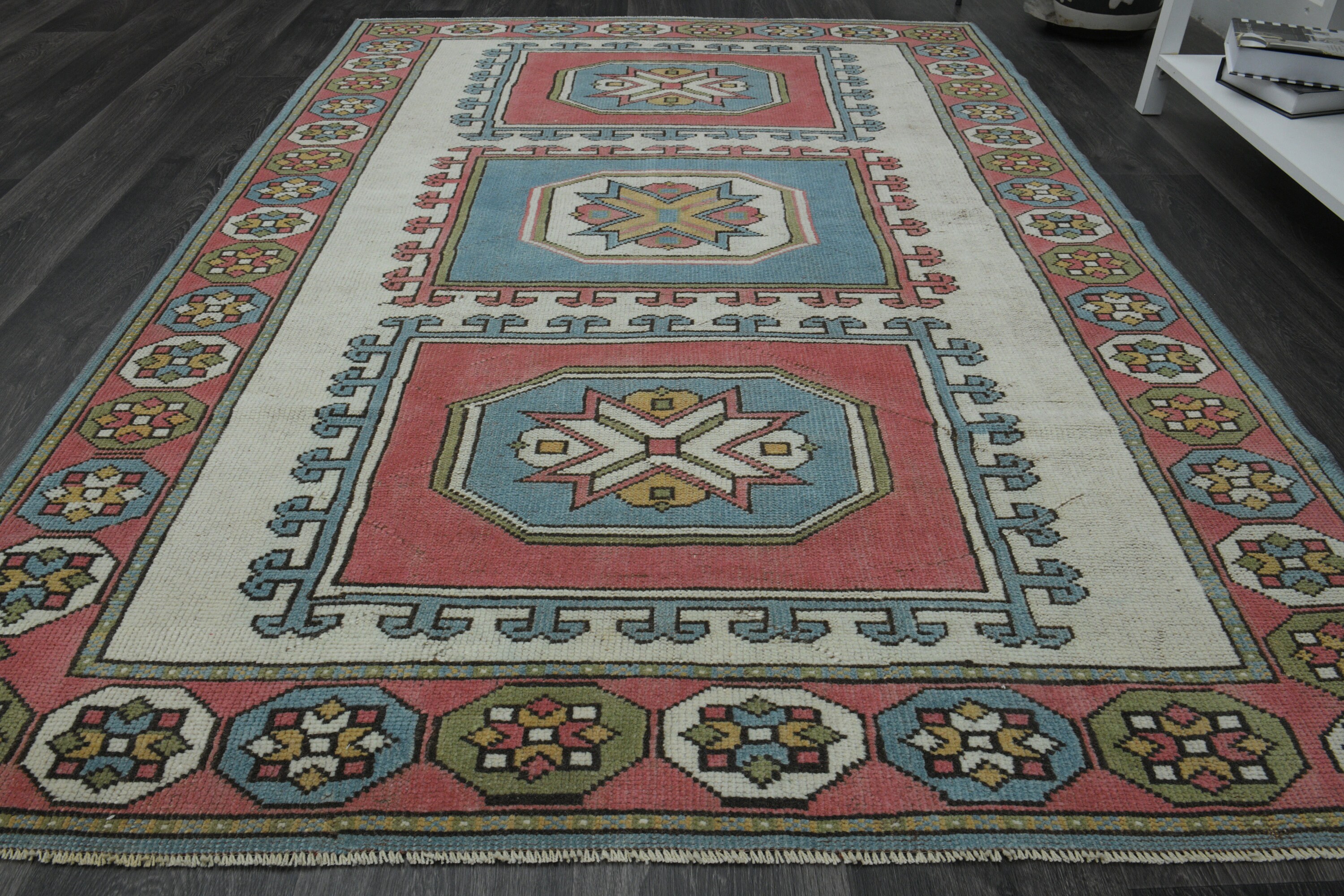 4'7x6'9フィート、ベージュピンクブルー、春の装飾ラグ、ヴィンテージ