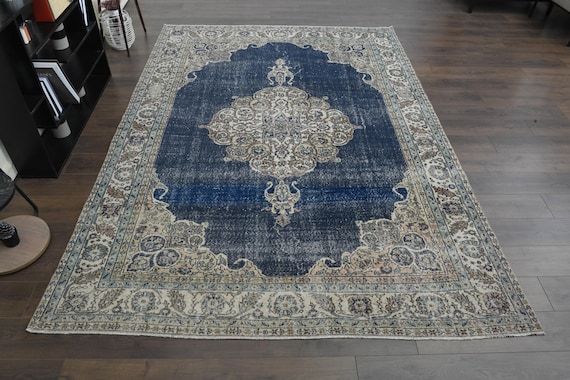 7'2x10'3 ft, BLUE TURKISH RUG, Vintage Handmade Rug, Oushak Wool Rug, Modern Area Rug, Farmhouse Decor, Dining Room Rug, Home Decor Washable