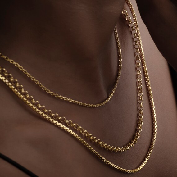Collar de cadena de oro auténtico de 14k, hecho a mano, estilo rollo, caja, serpiente, cable, figaro - México