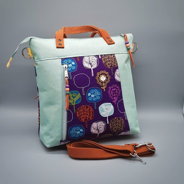 Shopper Leyra Bag, Umhängetasche, Handtasche, Damentasche, lila türkis, floral gemustert, Crossbodybag, für unterwegs, Reißverschlusstasche