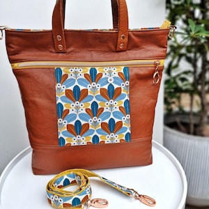 Shopper Tasche, grosse Umhängetasche, Tasche fürs Büro, Tasche zum umhängen, braun blau gelb, Herbstfarben, grosse Schultertasche, eckig