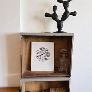 May include: A wooden crate shelf unit containing a white book with a circular thermometer graphic labeled CHANEL, a clear glass decanter, a black metal cactus sculpture, a glass jar with contents, and a row of books with various colored spines.