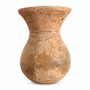 May include: A small, antique-style terracotta vase with a bulbous body and a flared rim. The vase has a rough, textured surface and a natural, earthy color. The design includes a subtle horizontal band around the neck.