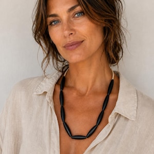 Handmade African ebony necklace – long necklace in precious wood – carved black beads – natural jewelry with character