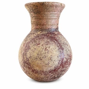 May include: A handcrafted, antique-style vase with a rounded body and a flared neck. The vase features a textured surface with a color palette of beige, brown, and maroon. The design includes concentric maroon rings around the body.