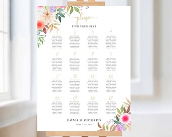 Wedding Seating Chart Template, Digital Download floral Wedding Poster, Seating Plan Instant Download, Editable Templett Template ADALIA