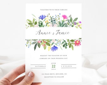 Floral Wedding Invitation DIY Template, Do It Yourself Wedding Invite, Wild Flower Banner Invitations, Colourful Floral Invite FLORENCE