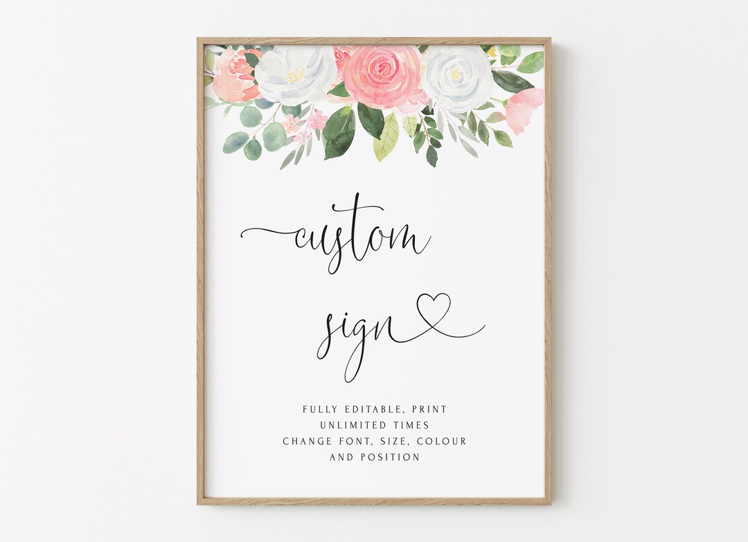 Pink Roses Editable Sign Template, TEMPLETT, Floral Drop Custom Sign ...