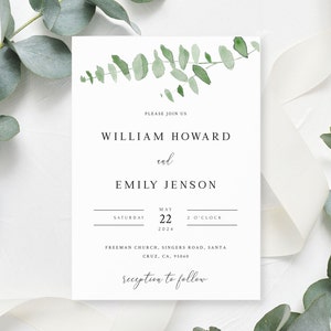 Eucalyptus Leaf Wedding Invitation Template, Minimalist Botanical Wedding Invitation, Digital Invitation Download, Do It Yourself TRULY