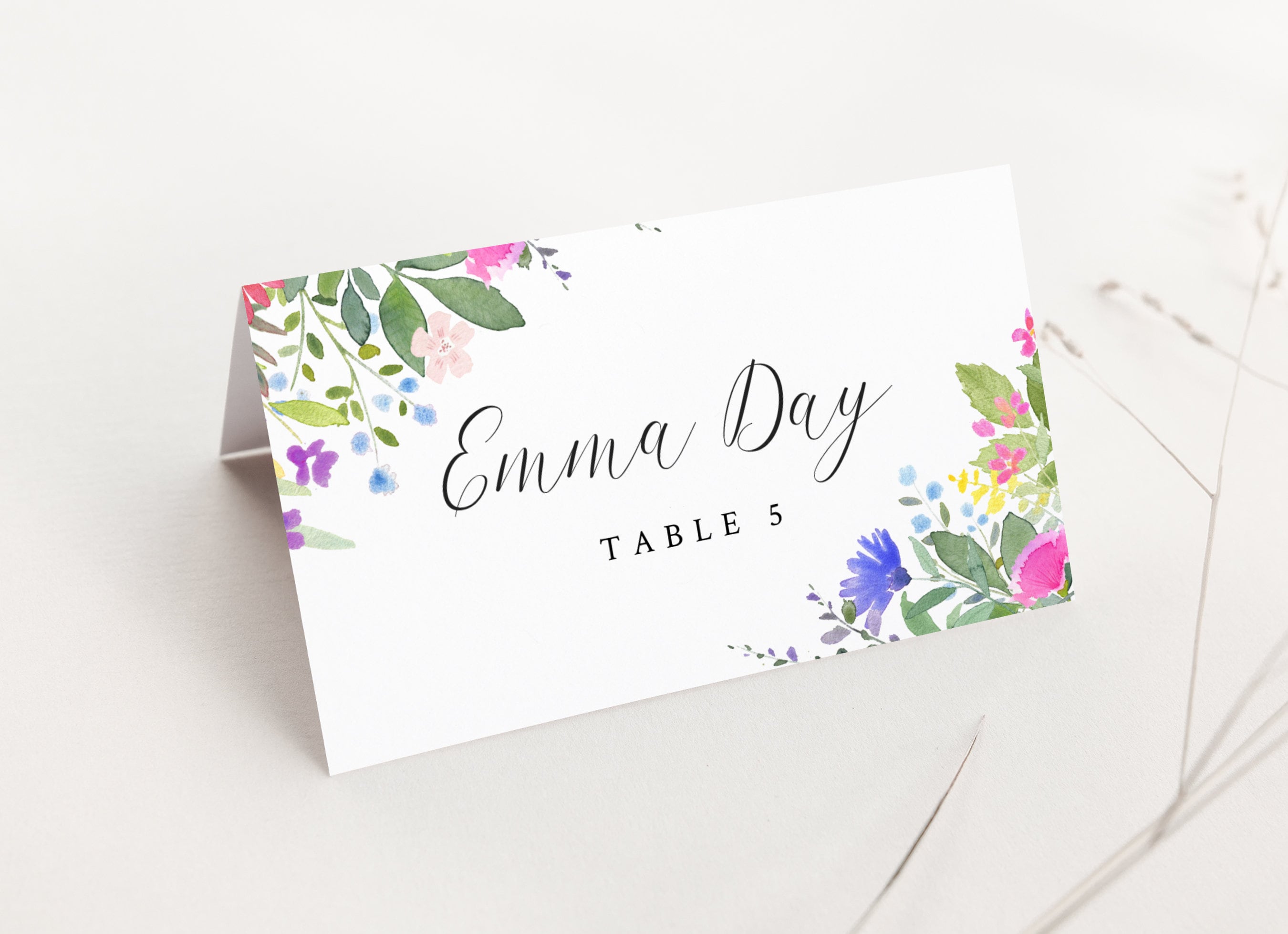 Table Name Card Template With Watercolour Wildflower Design Etsy