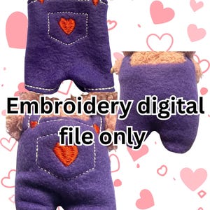 May include: Purple overalls with orange heart details and white stitching. The overalls have straps and a pocket. The text "Embroidery digital file only" is displayed on the image. The background features pink hearts.