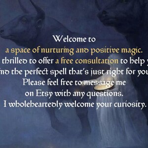May include: An artistic image with a dark blue background and text that reads "Welcome to a space of nurturing and positive magic." The image also includes two dark silhouettes of bulls.