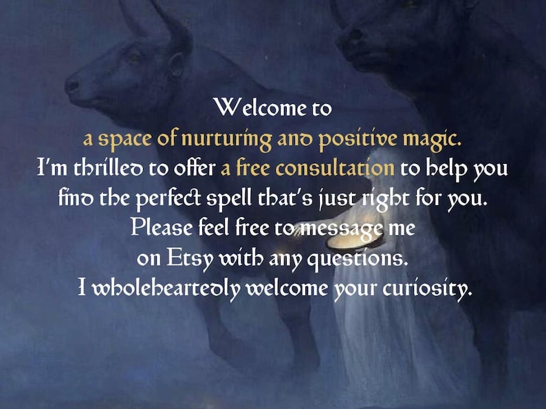 May include: An artistic image with a dark blue background and text that reads "Welcome to a space of nurturing and positive magic." The image also includes two dark silhouettes of bulls.