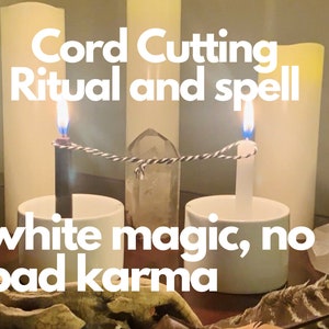 May include: A spiritual ritual setup featuring two lit candles connected by a cord, with the text "Cord Cutting Ritual and spell" and "white magic, no bad karma". The candles are in white ceramic holders.