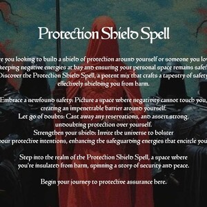 K&ouml;nnte beinhalten: Eine dunkle Fantasy-Illustration mit einer roten, verh&uuml;llten Figur in der Mitte. Der Text lautet "Protection Shield Spell" und beschreibt einen Zauber, um eine sch&uuml;tzende Barriere um sich selbst zu erzeugen.