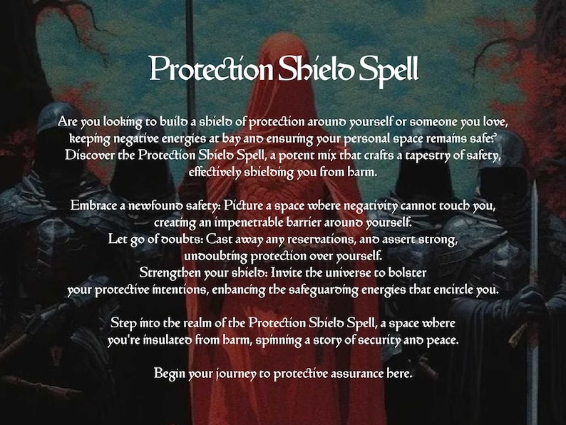 K&ouml;nnte beinhalten: Eine dunkle Fantasy-Illustration mit einer roten, verh&uuml;llten Figur in der Mitte. Der Text lautet "Protection Shield Spell" und beschreibt einen Zauber, um eine sch&uuml;tzende Barriere um sich selbst zu erzeugen.