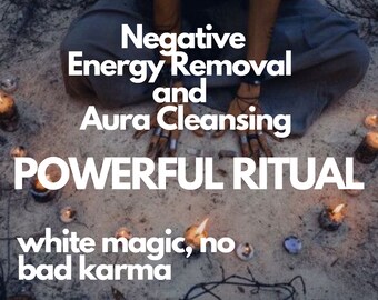 Può includere: Una persona seduta a terra circondata da candele accese, con il testo "Negative Energy Removal and Aura Cleansing POWERFUL RITUAL white magic, no bad karma" in lettere bianche.