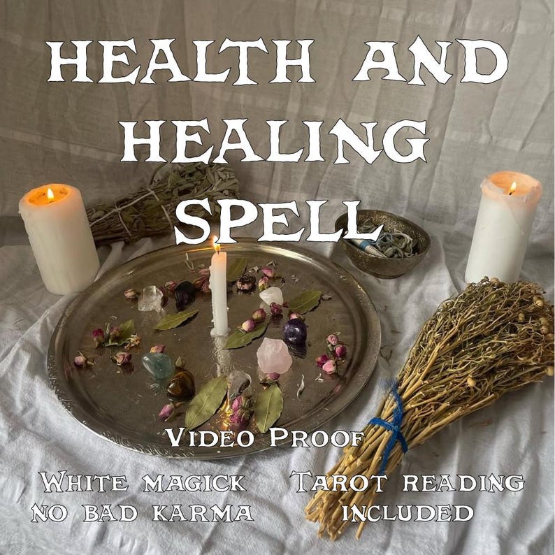 May include: A silver tray with a lit white candle, crystals, and dried flowers. Two lit white candles flank the tray. The text "HEALTH AND HEALING SPELL" is at the top. Additional text includes "VIDEO PROOF", "WHITE MAGICK", "NO BAD KARMA", and "TAROT READING INCLUDED".