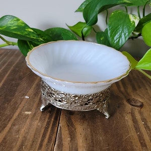 Milk Glass Gold Trim Dish on Pedestal | Vintage Pedestal Soap Dish | Milk Glass Dish with Gold Trim on Metal Pedestal | 1960s Vintage Dish