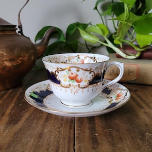 1920s Royal Albert Hand Decorated Teacup and Saucer Set | Royal Blue and Gold Decorated Floral Cup and Matching Saucer | Vintage Tea Set