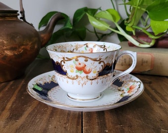 1920s Royal Albert Teacup and Saucer Set: Cobalt Blue Floral, Gold Trim