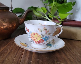 Vintage Queen Anne Teacup and Saucer: Floral Gold Trim, Ridgeway England