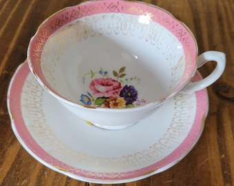 Royal Grafton roze bloemen theekop en schotel: Engels porselein, filigraan goud