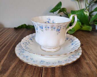May include: A white teacup and saucer set with a delicate blue floral pattern. The set features a gold trim around the edges.