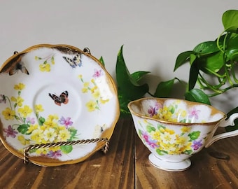 Royal Albert Butterfly & Primrose Teacup and Saucer: Rare Vintage Gold Accent