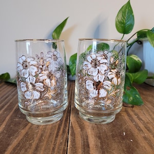 Vintage Dominion Floral Tumblers - Mid Century Gold Rimmed Glasses - Set of 2