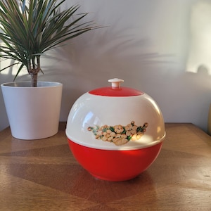 Vintage Mid Century Burrite Cookie Jar | Red White Floral Cookie Jar | Mid Century Modern Kitchen | Burrite Cookie Jar | Vintage Cookie Jar