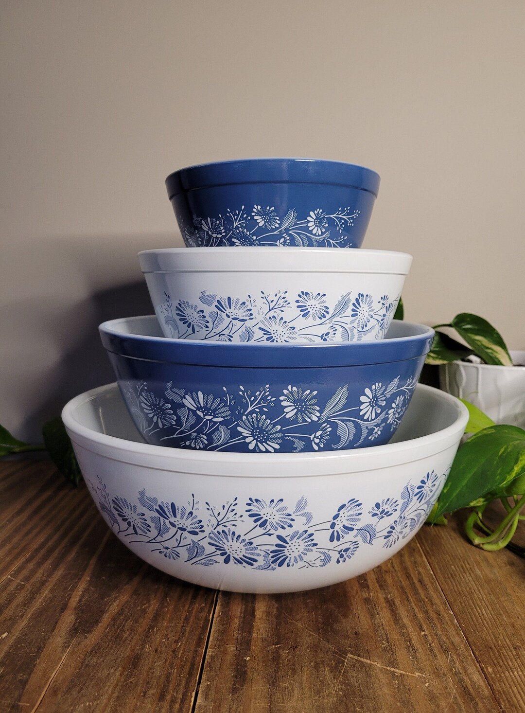 Vintage Pyrex Colonial Mist Reverse Mixing Bowl Set Rare Blue on White ...