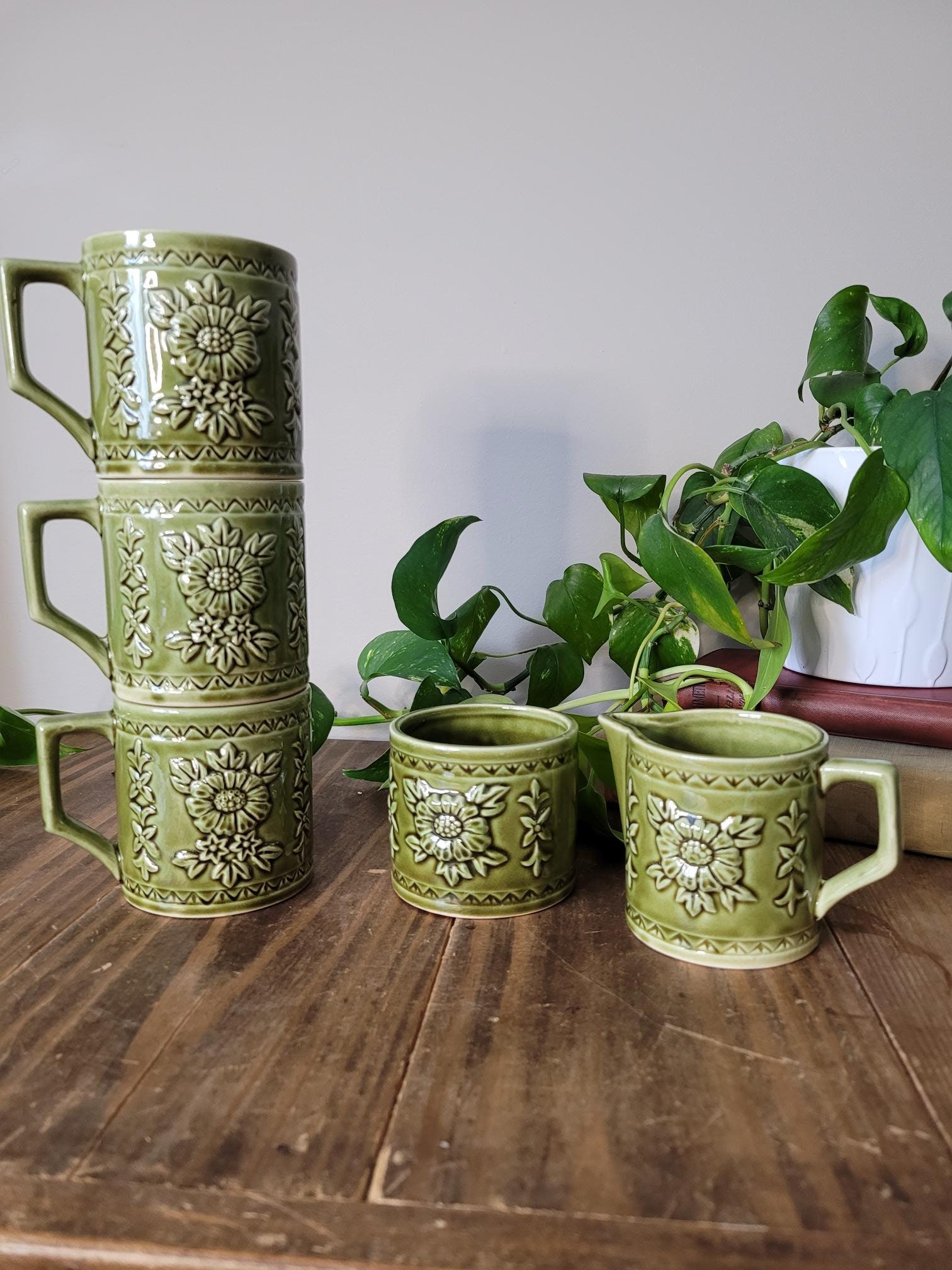 Vintage MCM Green Glazed Flower Coffee/tea Cups Set of 3 Etsy