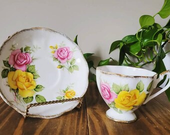 Vintage Queen Anne Bone China Teacup and Saucer Set: Pink & Yellow Roses