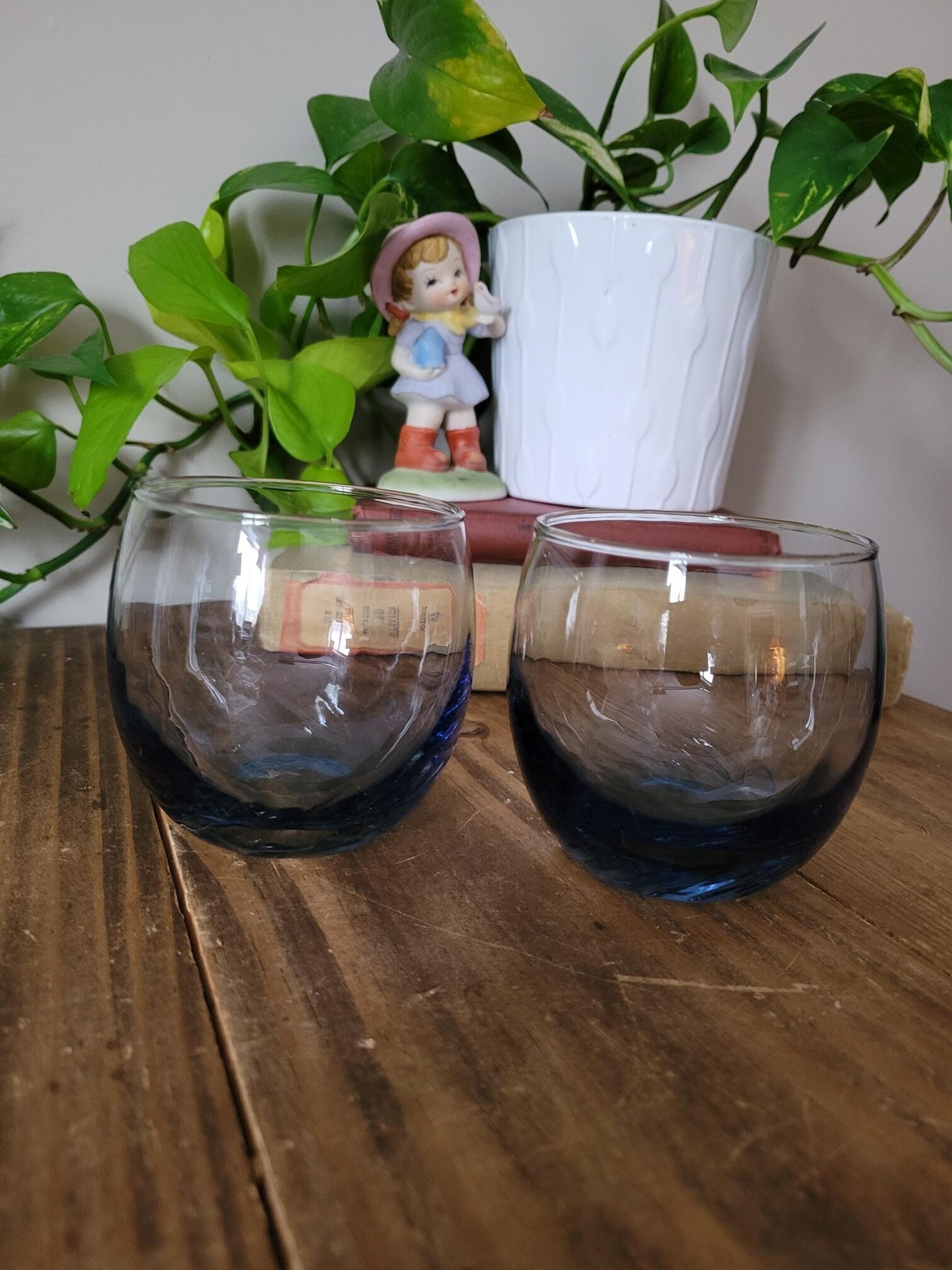 Vintage Libbey Smoked Blue Roly Poly Rocks Glasses Set of