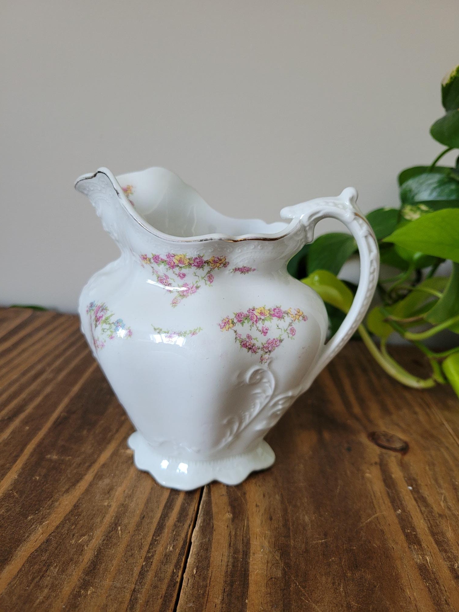 Vintage Johnson Brothers Floral Pitcher: Ornate Pink Flowers, Made