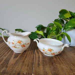 Johnson Brothers Creamer Jug and Sugar Bowl Set | JB863 Yellow and Red Flower Open Sugar Bowl and Creamer Set | 1930s Made in England
