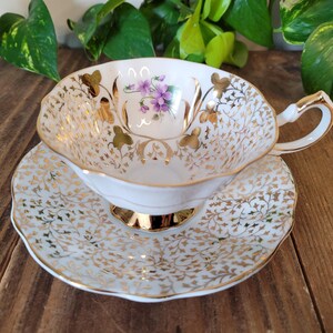Queen Anne Purple Flower and Heavy Gold Teacup and Saucer | Wide Mouth Teacup with Heavy Gold Details and Purple Flowers | Made in England