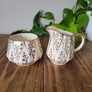 Vintage Sadler Gold Flower Sugar Bowl and Creamer Jug | Sadler Made in England Cream and Sugar Set | Gold Flower Design
