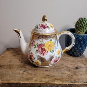 RARE Vintage Arthur Woods Floral Teapot | Hand Painted Pink /Yellow Flower Teapot with Gold Detail | Collectible 1950s Arthur Woods Teapot